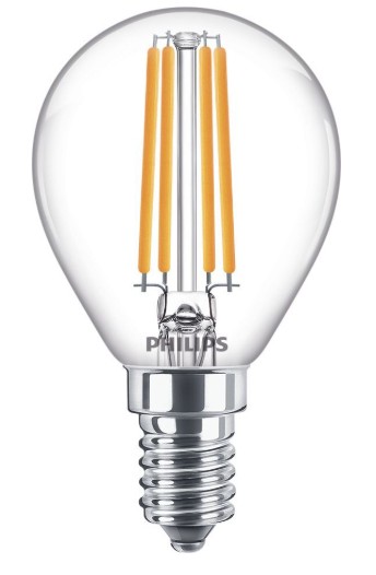 PHILIPS LED spuldze E14 P45 6,5W 806lm 2700K silti balta caurspīdīga filament klasiska